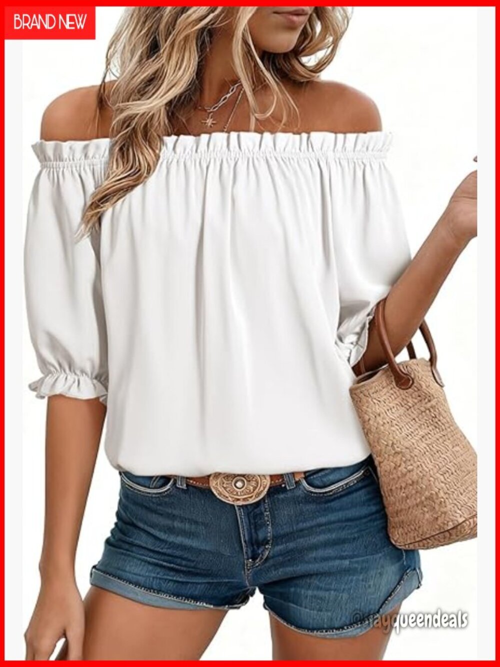 Off Shoulder Puff Sleeve T-Shirt, Boat Neck Blouse, Lightweight Polyester